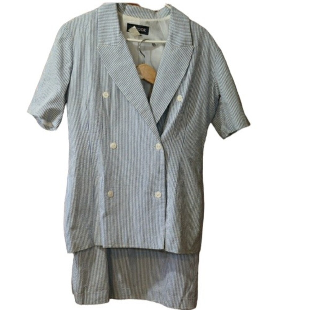 JG Hook Vintage Seersucker Blue & White Double Breasted Skirt Suit 12